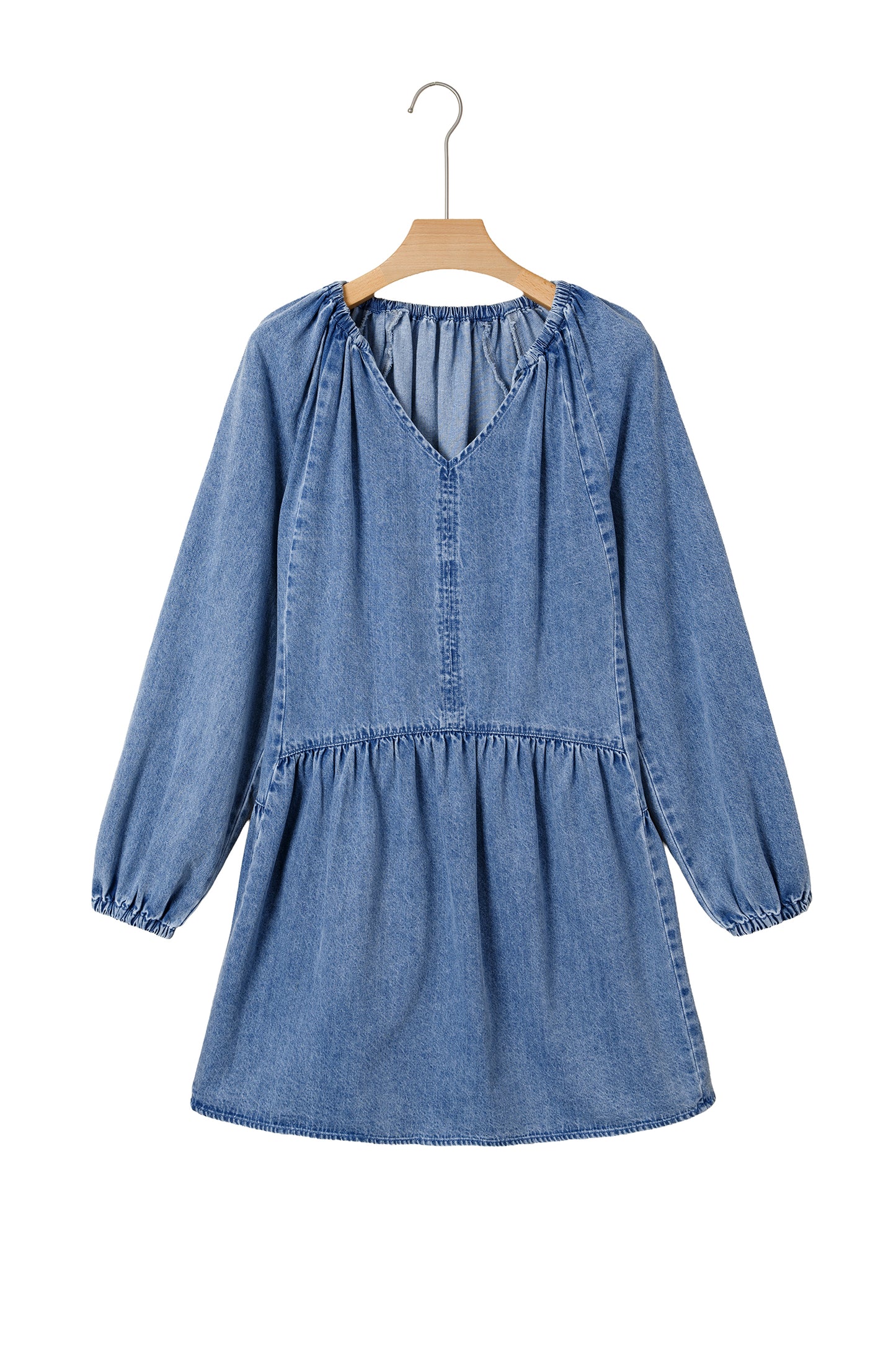 Dear-Lover Cali Chic women's denim mini dress with puff sleeves, V-neck, and ruffled details, perfect for casual summer wear.