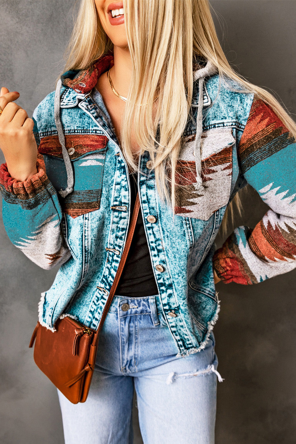 Cali Chic Women Jacket Multicolor Aztec Print Frayed Hem Denim Jacket