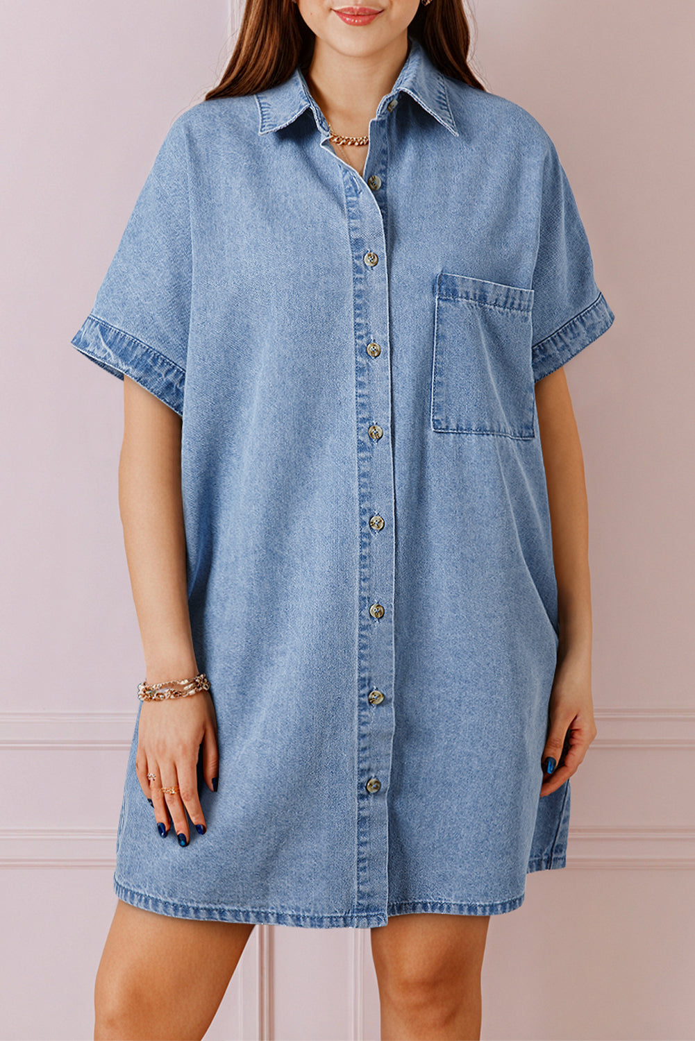 Cali Chic Women Dress Dusk Blue Short Sleeve Pocketed Button up Denim Tunic Dress - Cali Chic