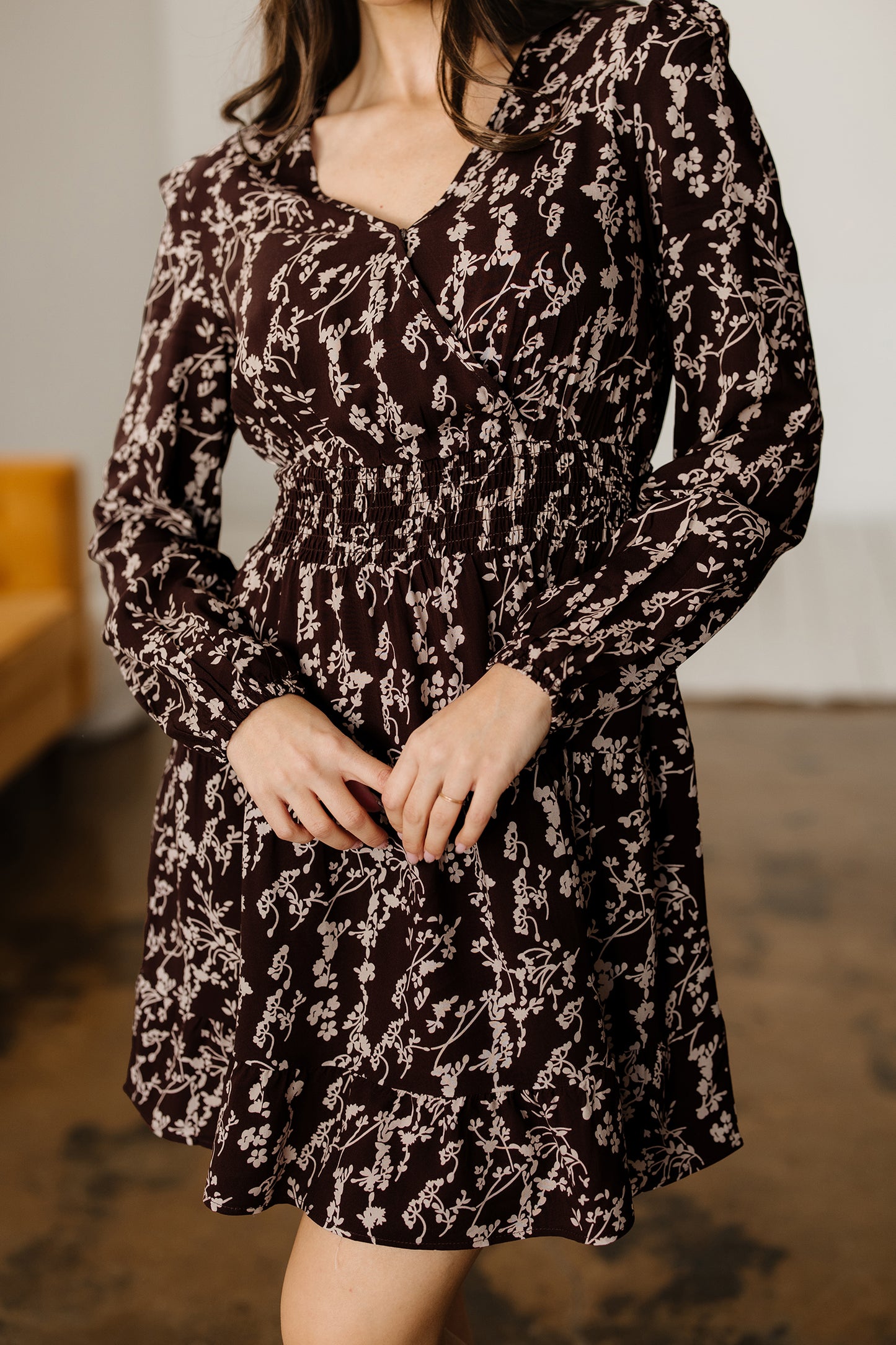 Cali Chic Women Dress Brown Ditsy Floral Print Split Neck Long Sleeve Shirred Waist Flared Mini Dress - Cali Chic