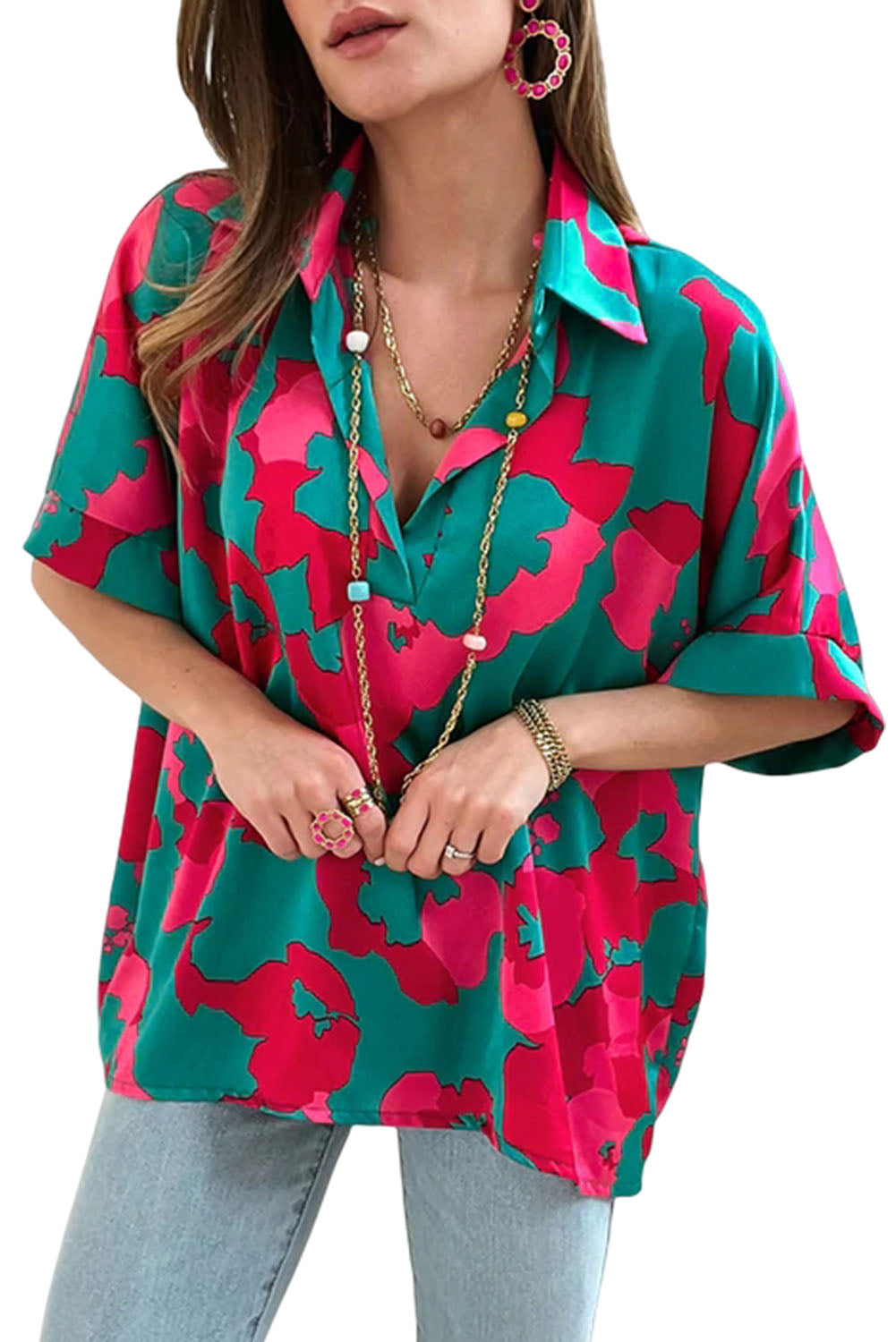 Green Abstract Print V Neck Blouse