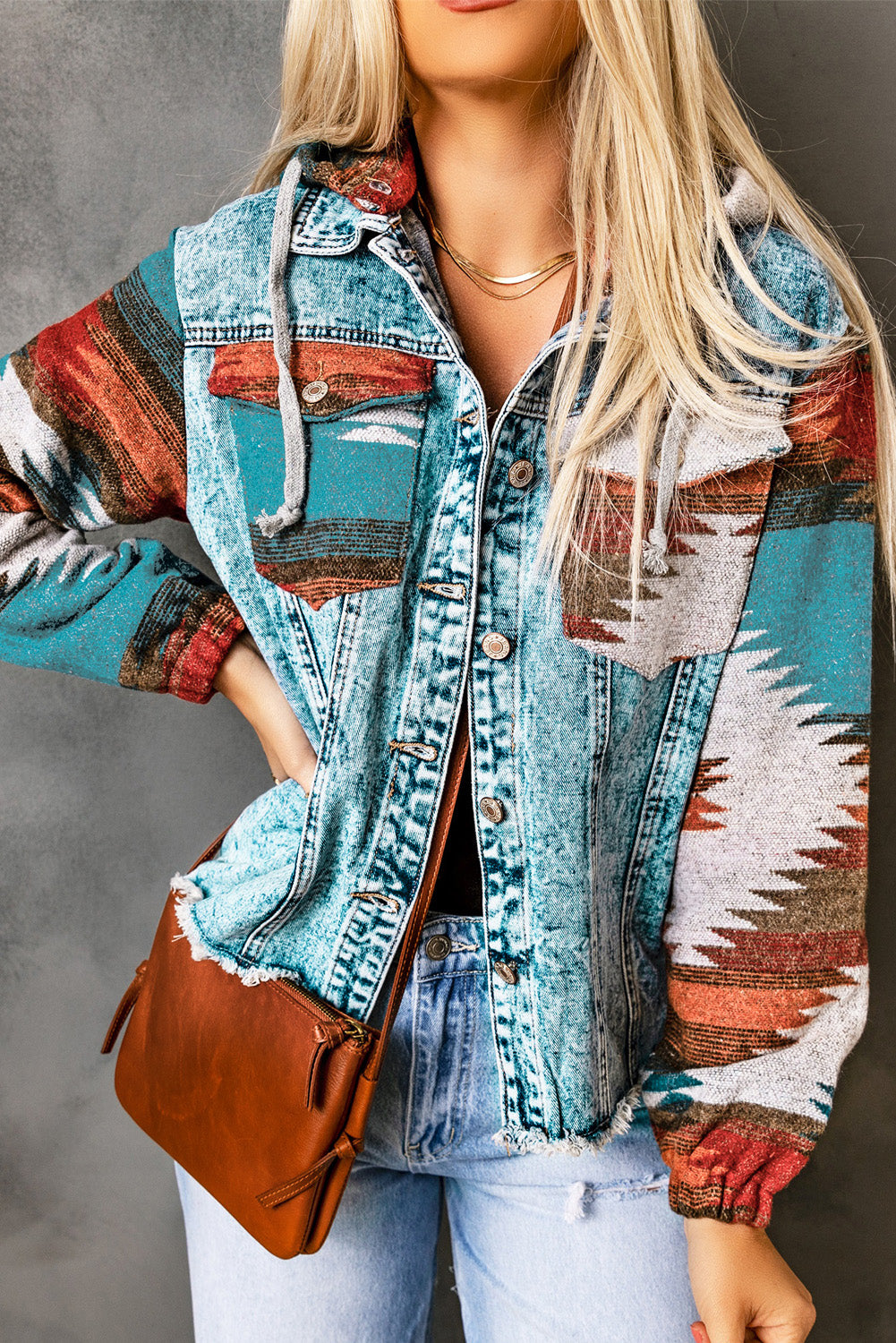 Cali Chic Women Jacket Multicolor Aztec Print Frayed Hem Denim Jacket