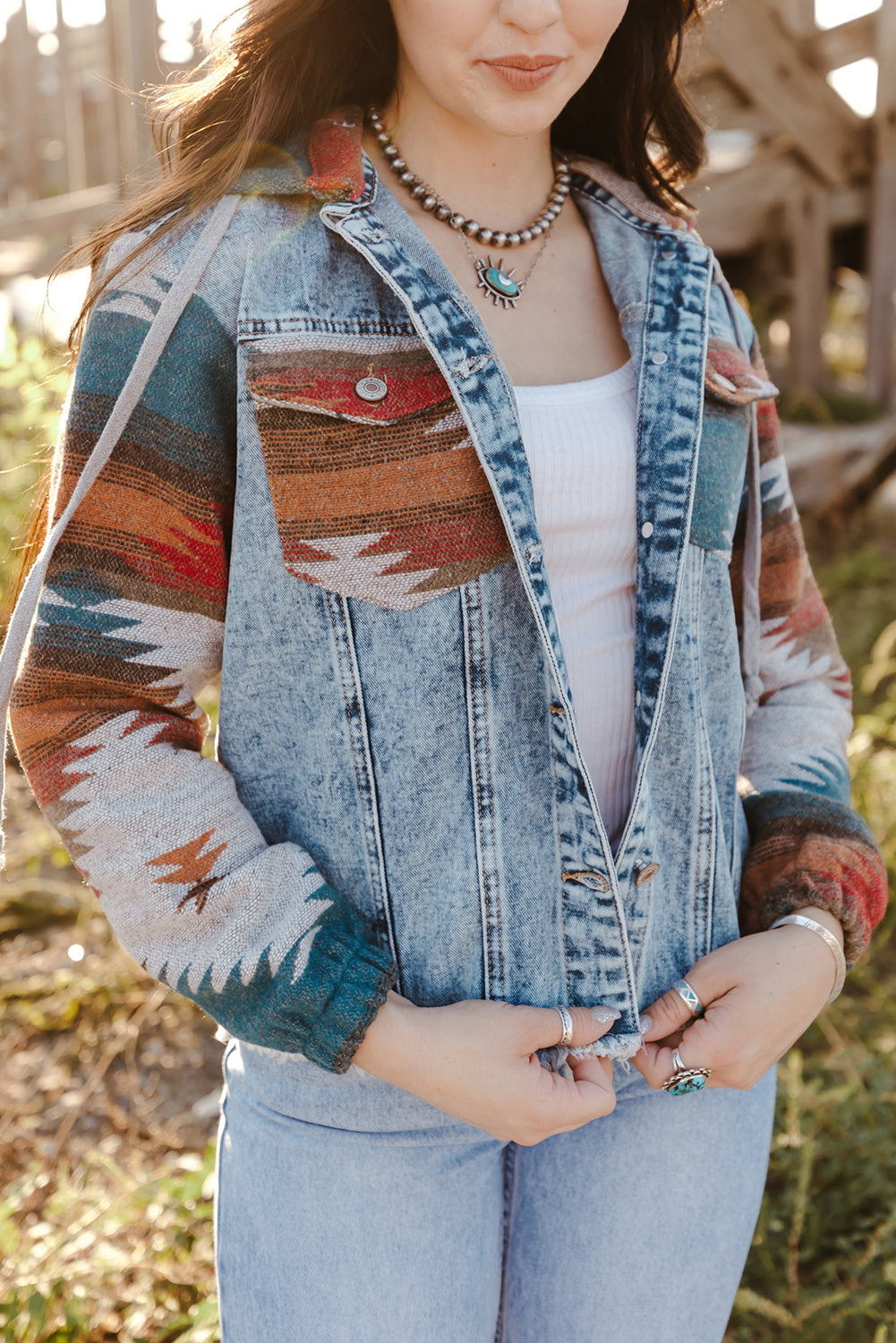 Cali Chic Women Jacket Multicolor Aztec Print Frayed Hem Denim Jacket
