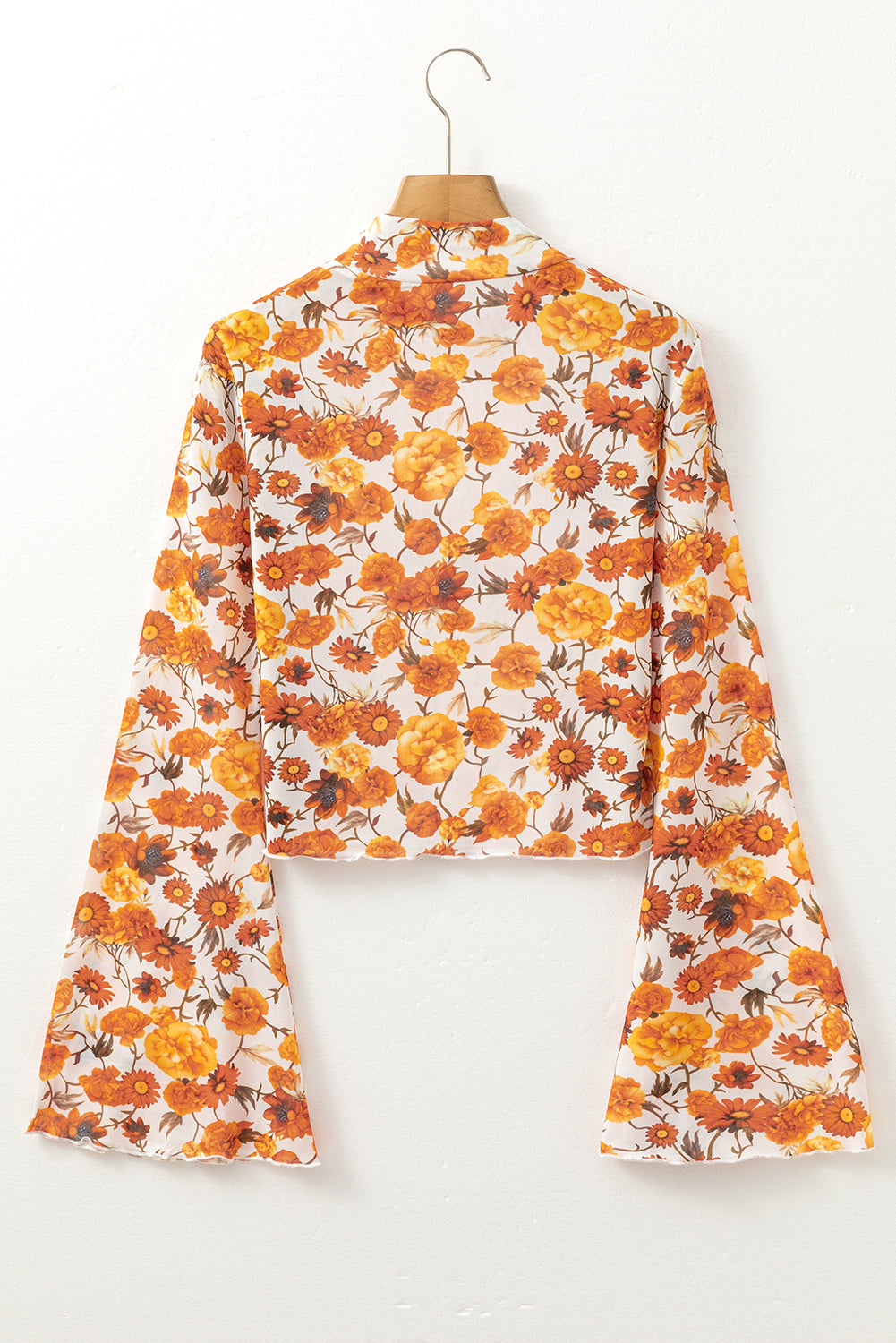 Cali Chic Women's Top Orange Floral Printed Bell Sleeve Mock Neck Scallop Trim Blouse