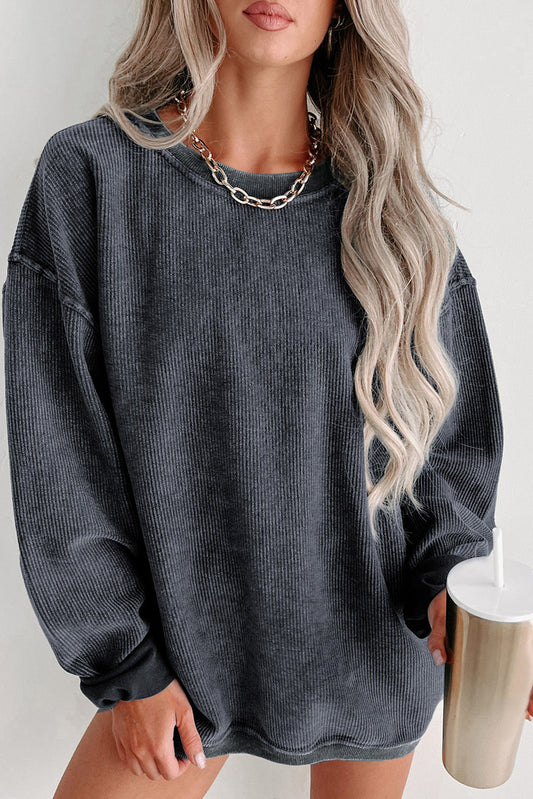 Cali Chic Women Sweatshirt Gray Solid Ribbed Knit Round Neck Pullover