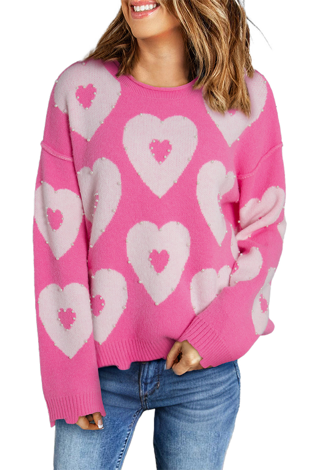 Bonbon Pearl Beaded Heart Drop Shoulder Sweater - Cali Chic
