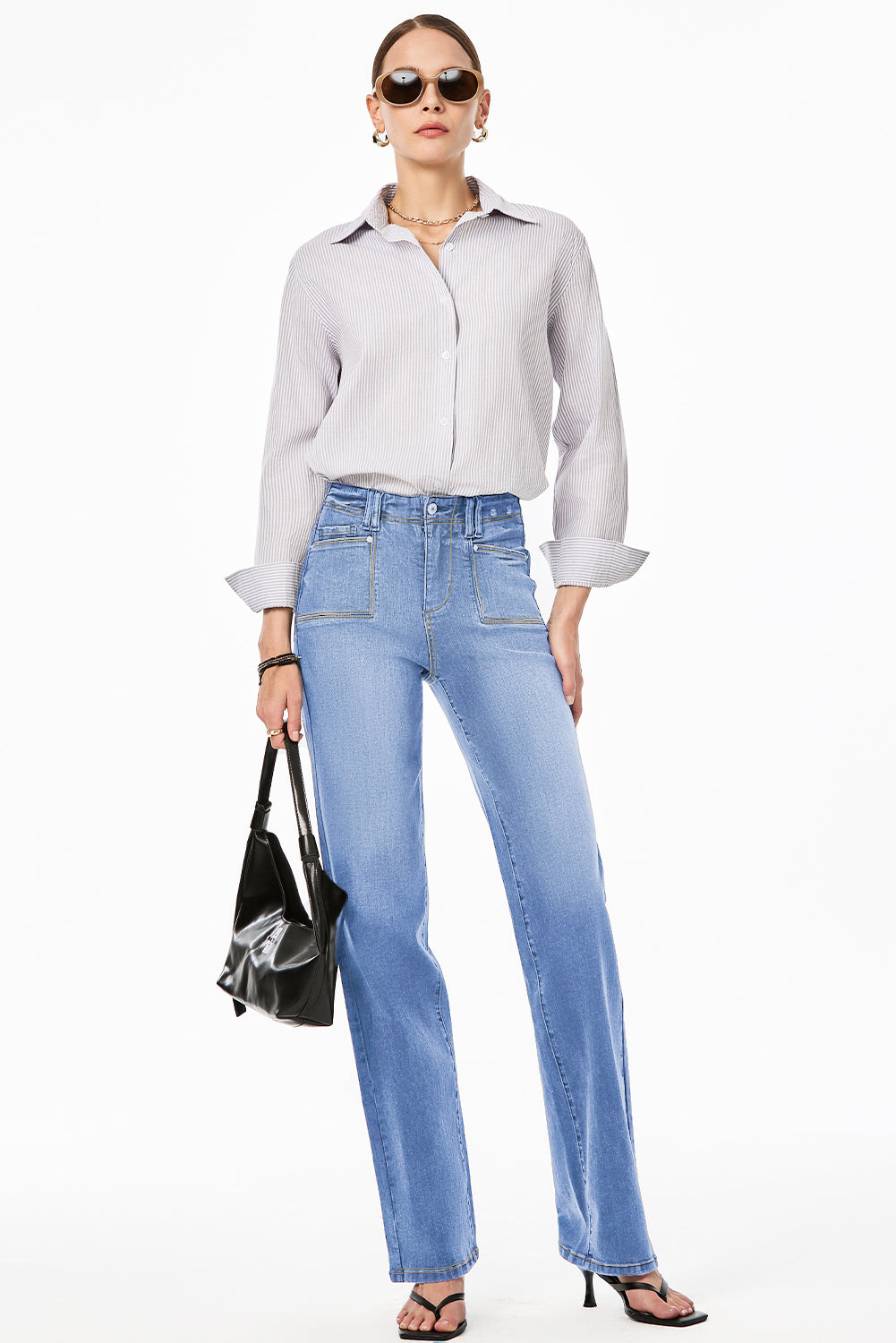Cali Chic Women Pants Dusk Blue Loose Straight Leg Cropped High Waist