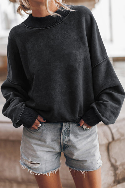 Cali Chic Black Drop Shoulder Crew Neck Pullover Sweatshirt