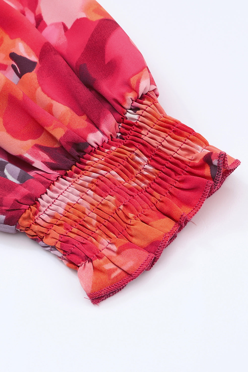 Fiery Red Floral Print Split Neck Tassel Tie Blouse
