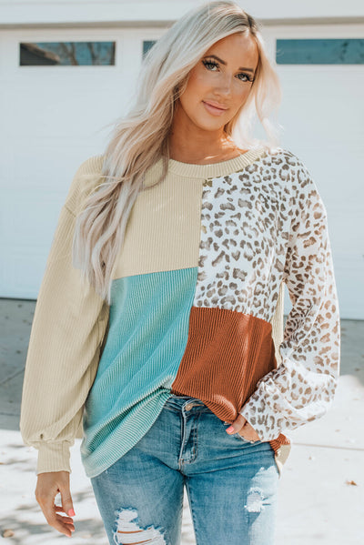 Cali Chic Leopard Patchwork Color Block Ribbed Long Sleeve Top