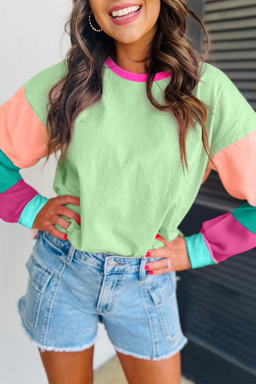 Cali Chic Women Sweatshirt Green Color block Patchwork Long Sleeve Loose Top