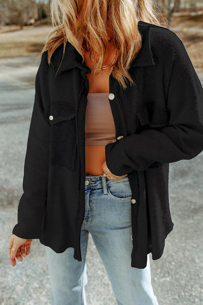 Cali Chic Black Contrast Flap Pockets Relaxed Shacket
