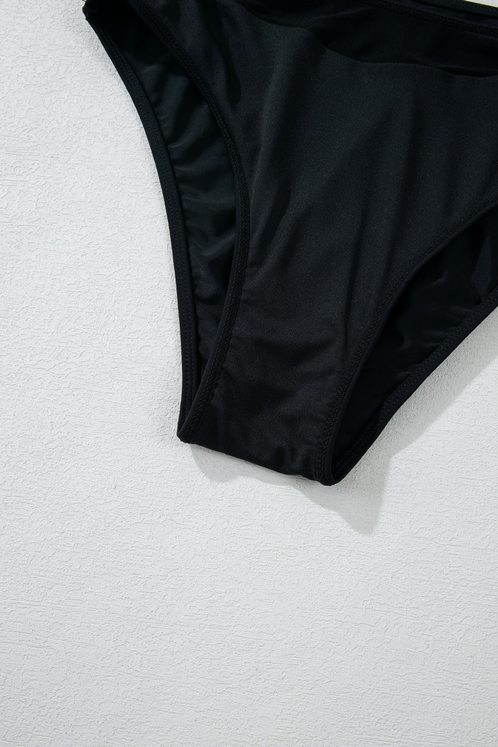 Cali Chic Women Swimsuit Black Sheer Mesh Edged Halter V Neck Push Up Bikini - Cali Chic