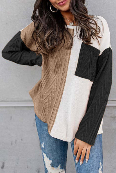 Cali Chic Black Long Sleeve Color block Chest Pocket Textured Knit Top