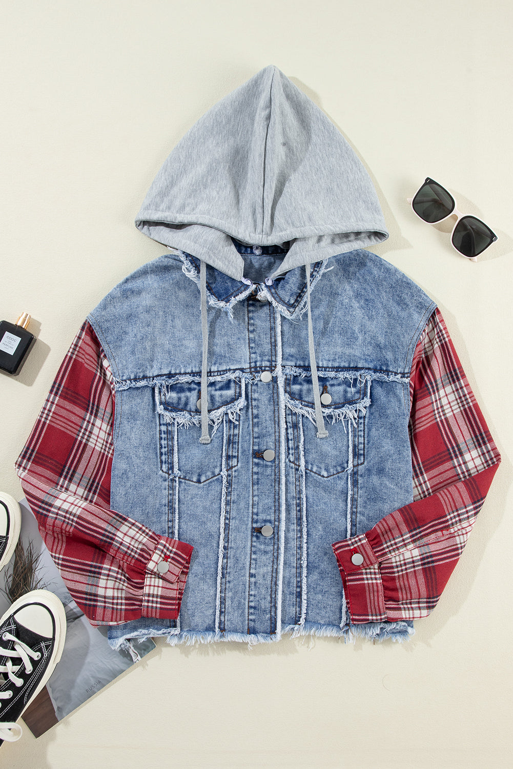 Cali Chic Women's Denim Jacket Beau Blue Plaid Print Patchwork Hooded Raw Hem Denim Coat