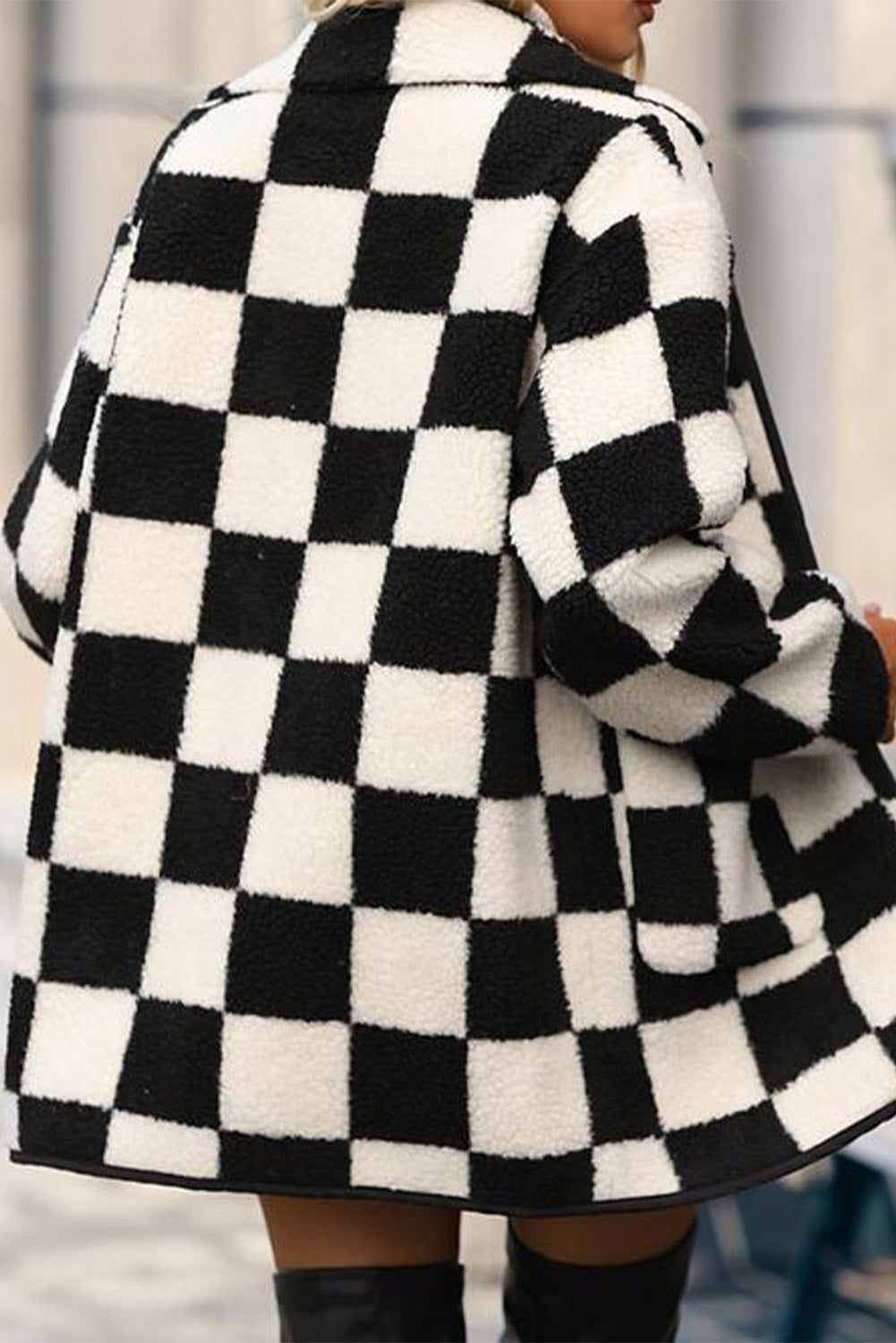 Cali Chic Women Jacket Black Checkered Side Pockets Collared Buttoned Fleece Coat