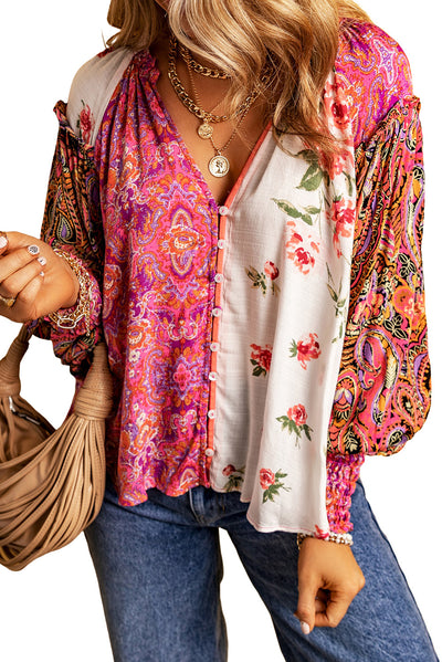 Multicolor Floral Patchwork Shirred Cuff Buttoned V Neck Blouse