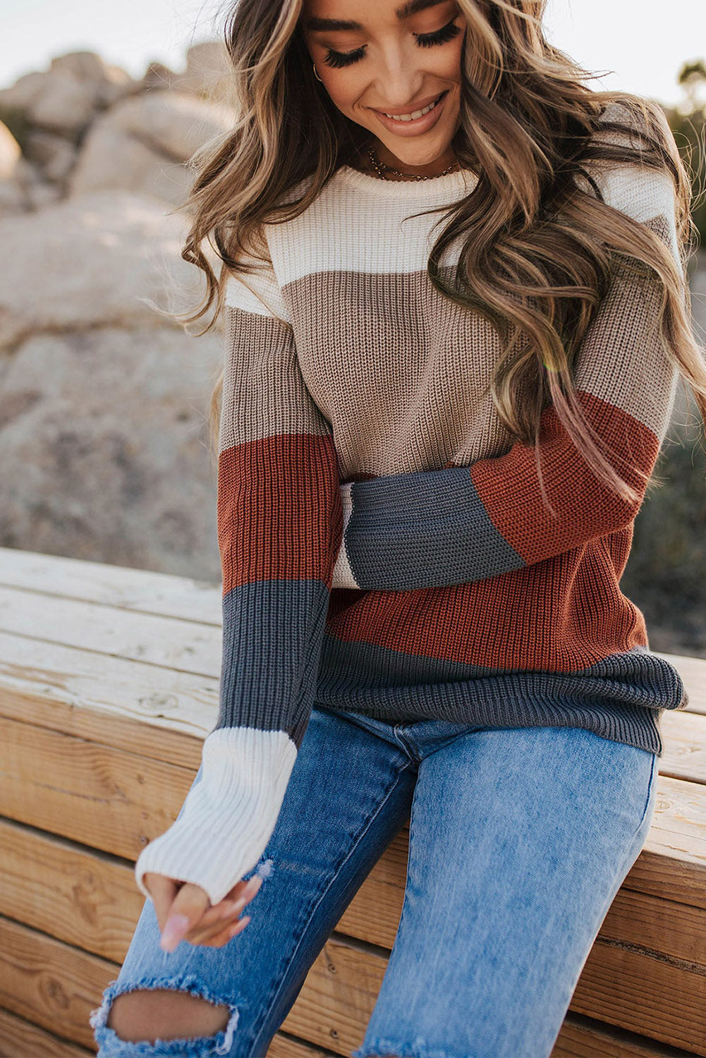 Cali Chic Color Block Knitted O-neck Pullover Sweater