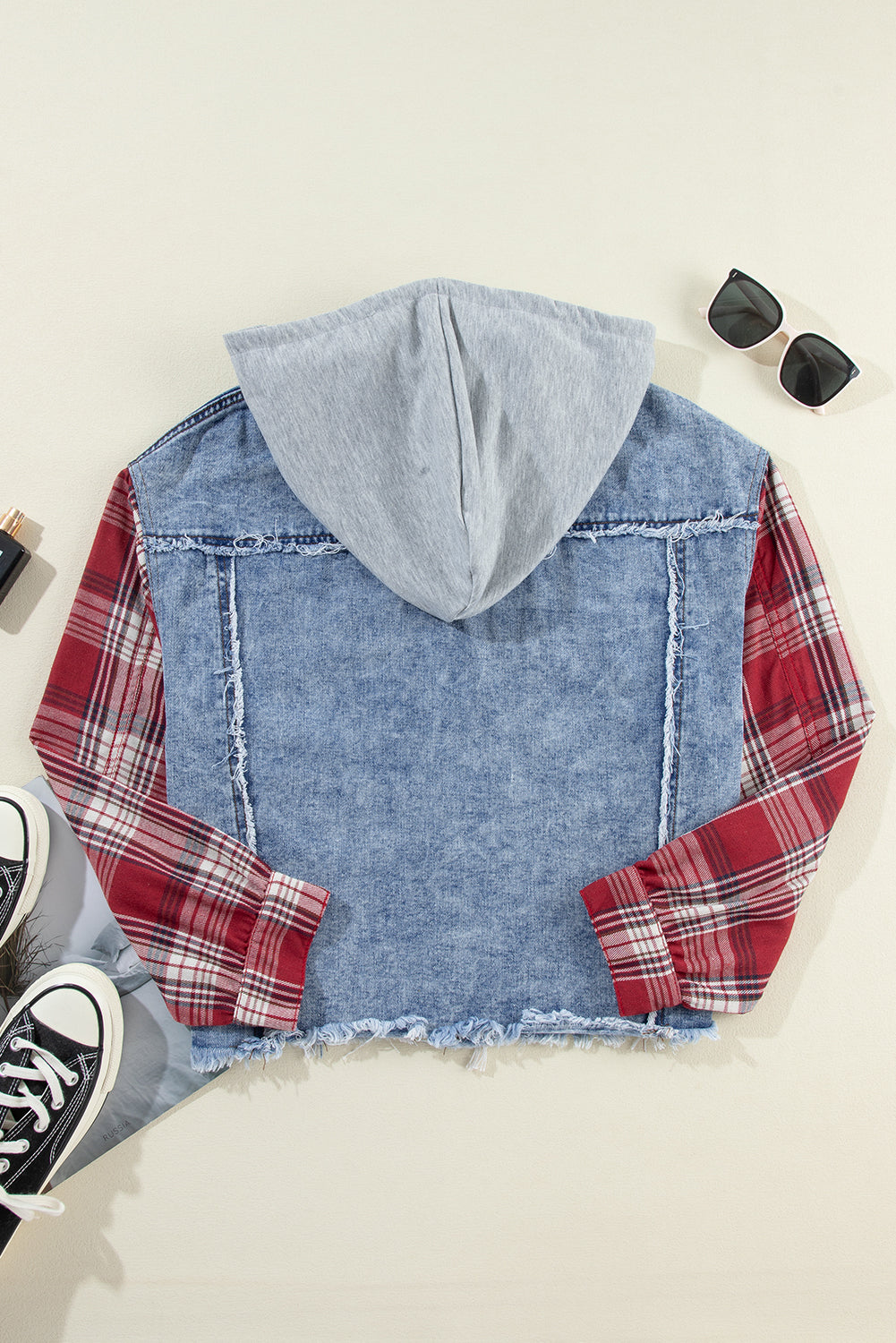 Cali Chic Women's Denim Jacket Beau Blue Plaid Print Patchwork Hooded Raw Hem Denim Coat
