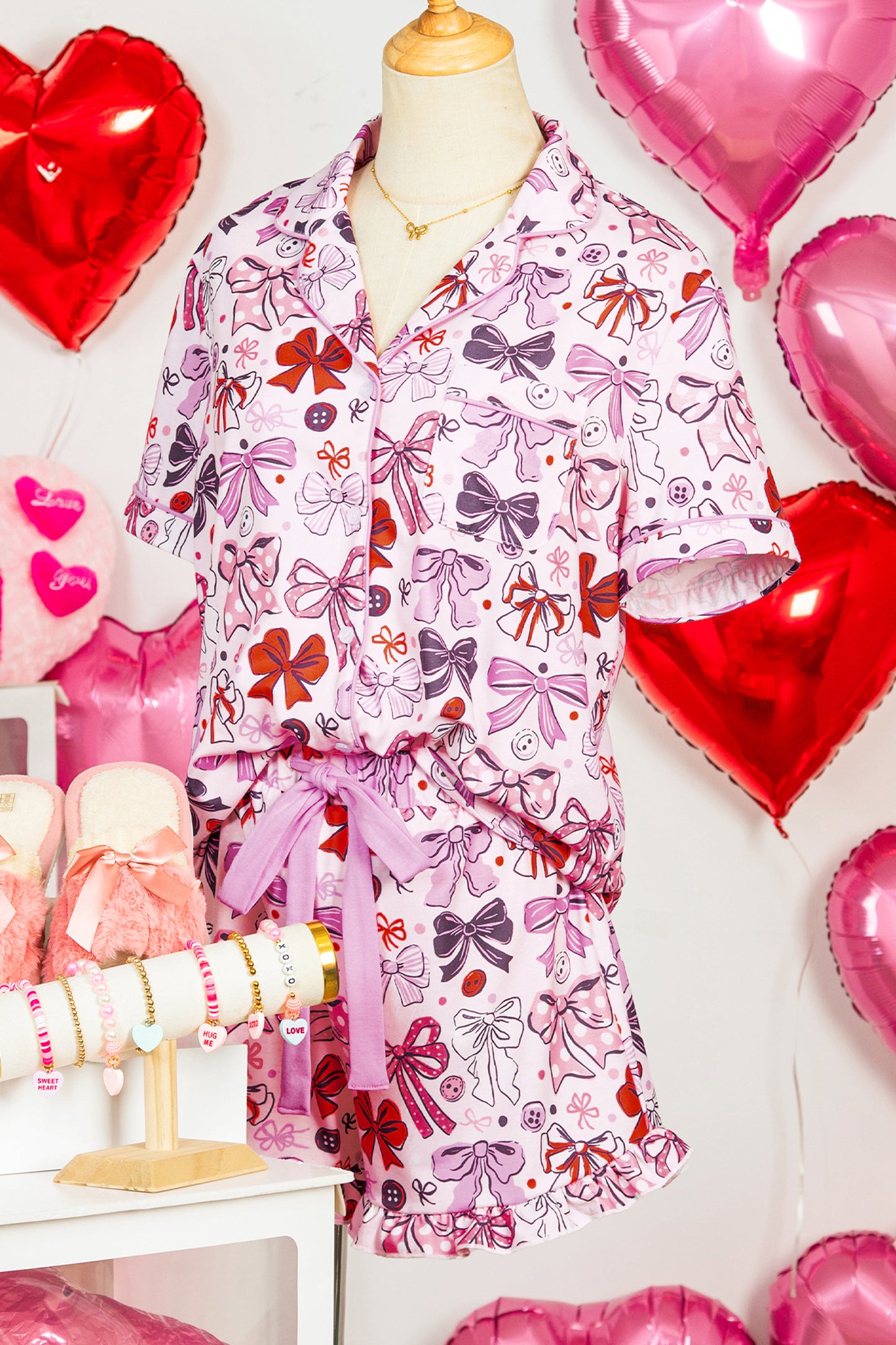 Pink Cute Ribbon Bows Printed 2pcs Short Pajama Set - Cali Chic