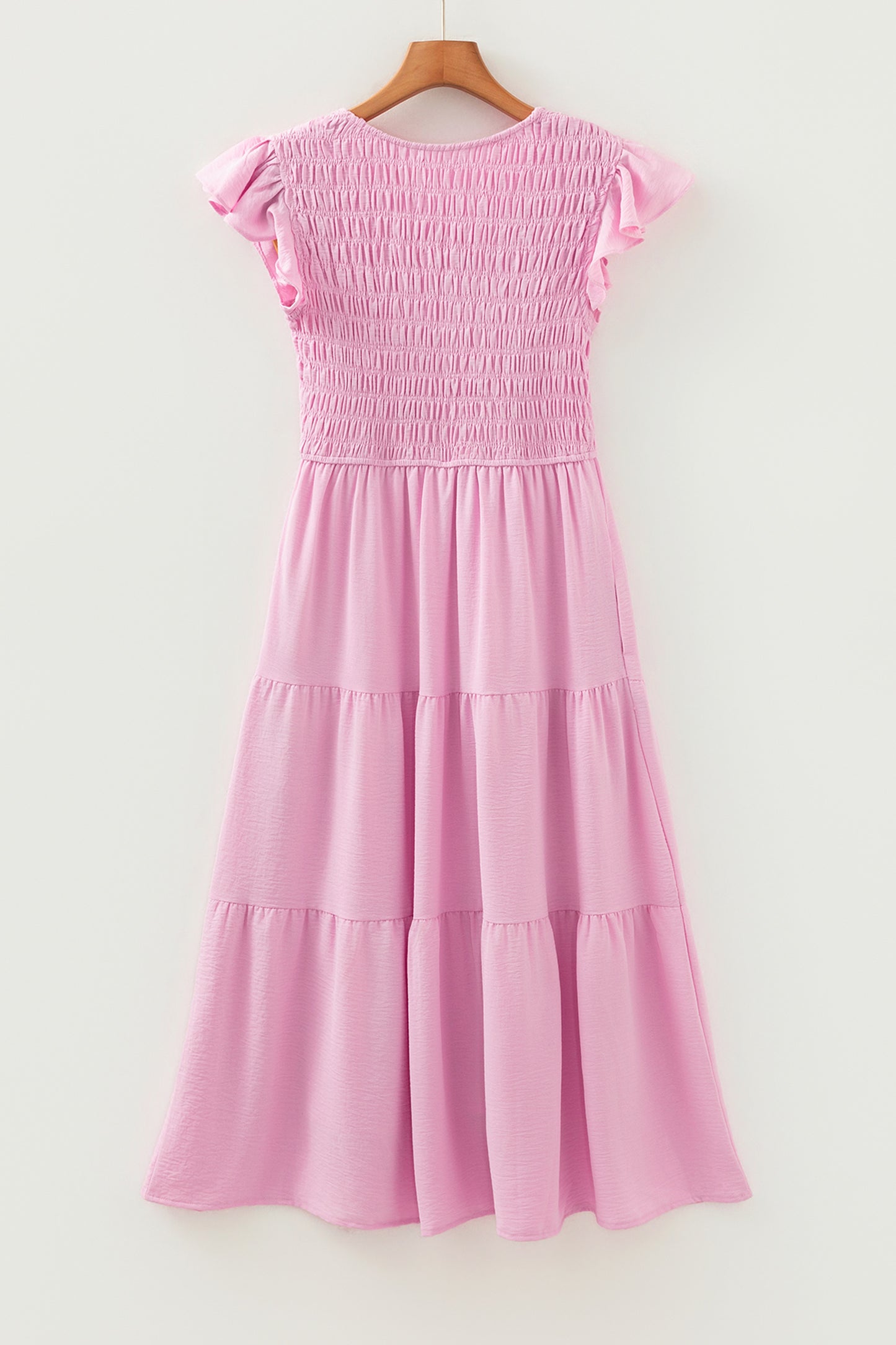 Cali Chic Women Dress Pink Smocked Bodice Flutter Sleeve Fit Flare Tiered Midi Dress - Cali Chic