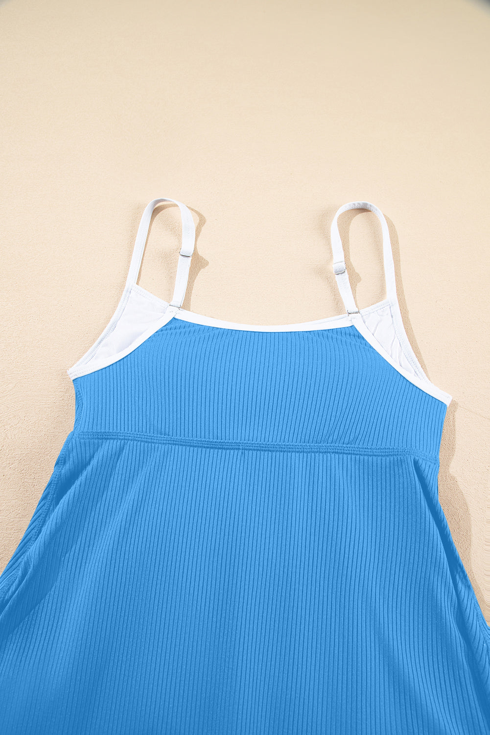 Cali Chic Women Swimsuit Dusk Blue Color Block Edge Ribbed Pocketed Lined Swim Dress - Cali Chic