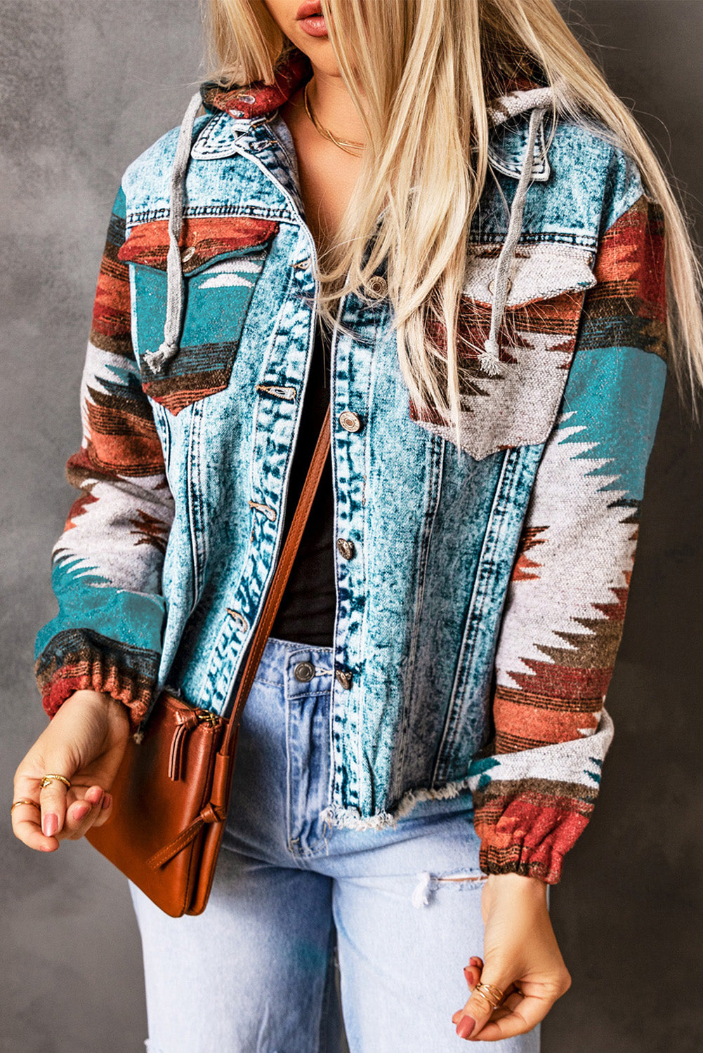 Cali Chic Women Jacket Multicolor Aztec Print Frayed Hem Denim Jacket