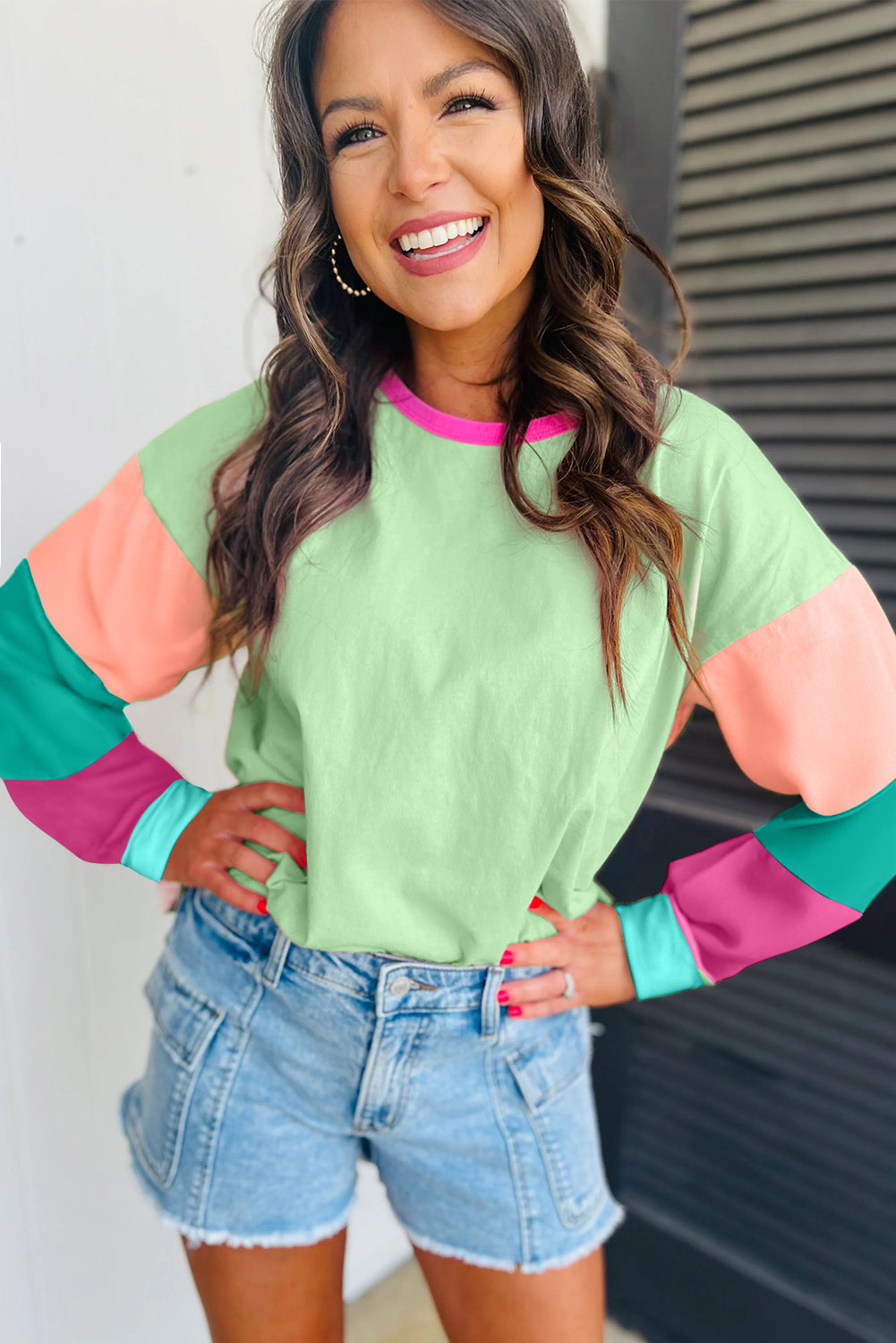 Cali Chic Women Sweatshirt Green Color block Patchwork Long Sleeve Loose Top