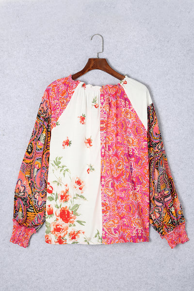 Multicolor Floral Patchwork Shirred Cuff Buttoned V Neck Blouse