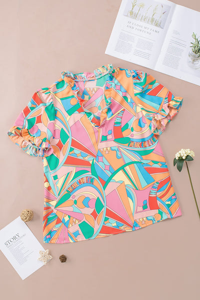 Multicolor Abstract Geometry Print Frilled V Neck Blouse