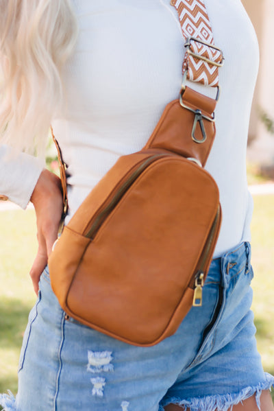 Cali Chic Brown Faux Leather Zipped Crossbody Chest Bag