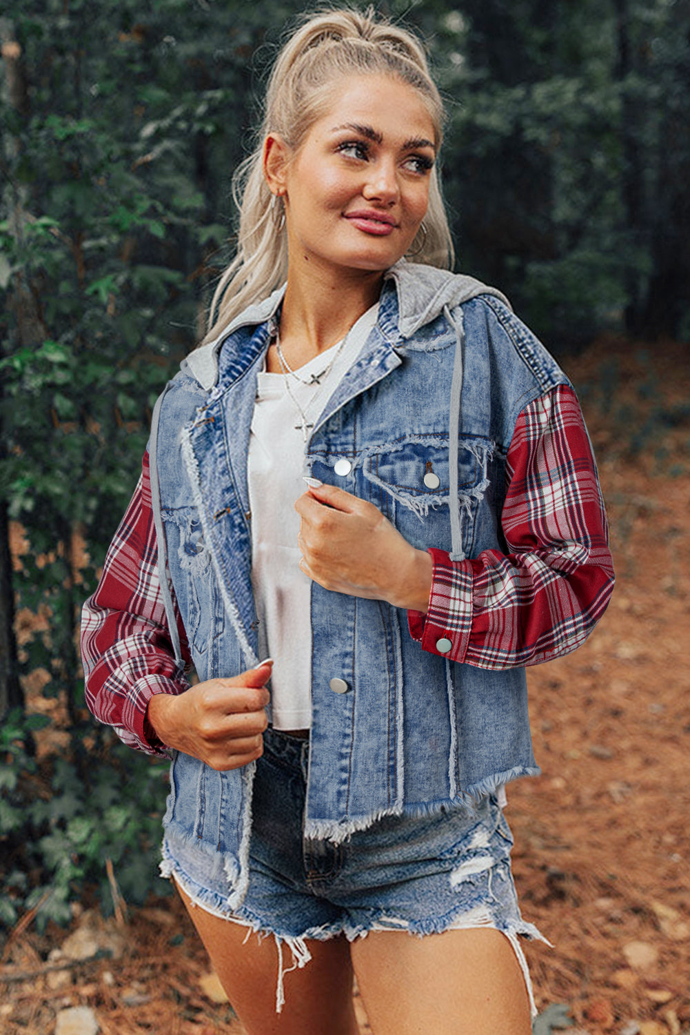 Cali Chic Women's Denim Jacket Beau Blue Plaid Print Patchwork Hooded Raw Hem Denim Coat