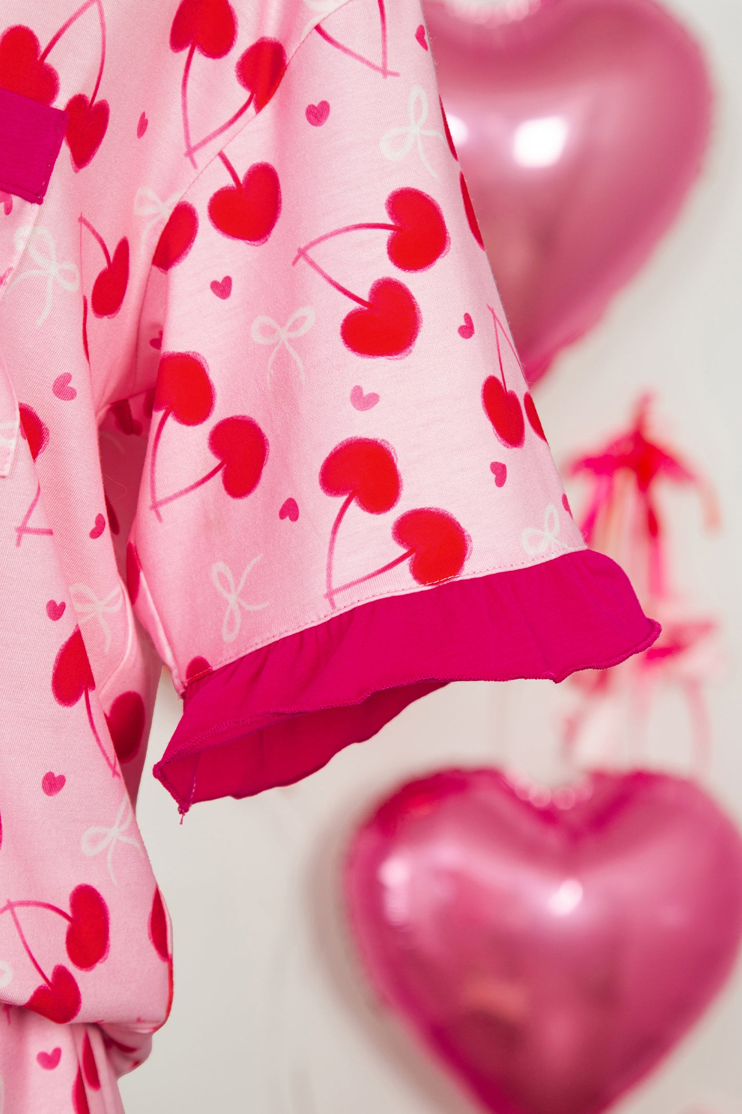 Cali Chic Women Pajama Set Rose Cherry Bow Mixed Print Scalloped Edge Short Pajamas - Cali Chic