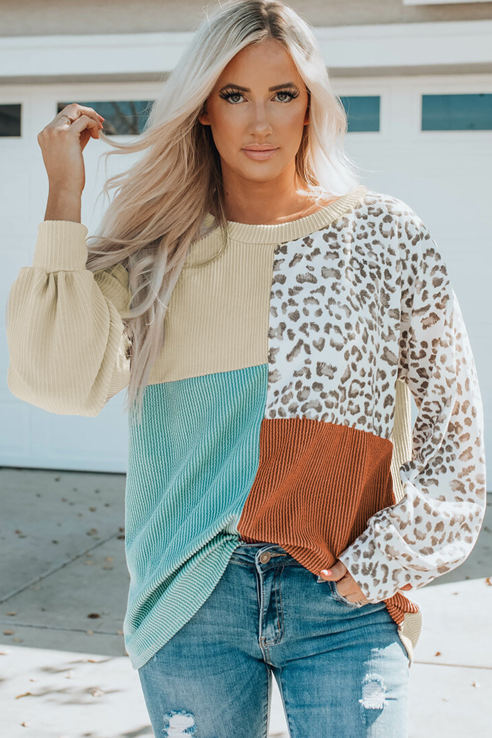 Cali Chic Leopard Patchwork Color Block Ribbed Long Sleeve Top