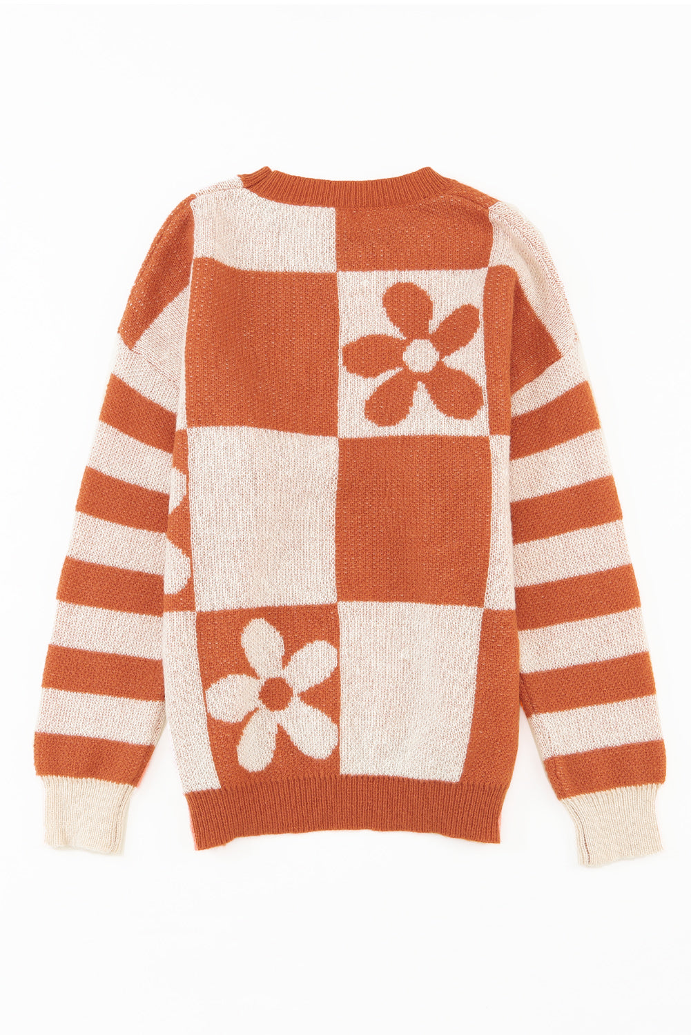 Cali Chic Women Brown Checkered Floral Print Striped Sleeve Sweater