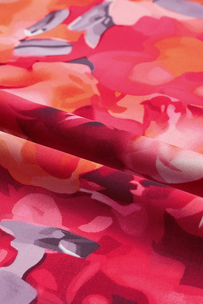Fiery Red Floral Print Split Neck Tassel Tie Blouse