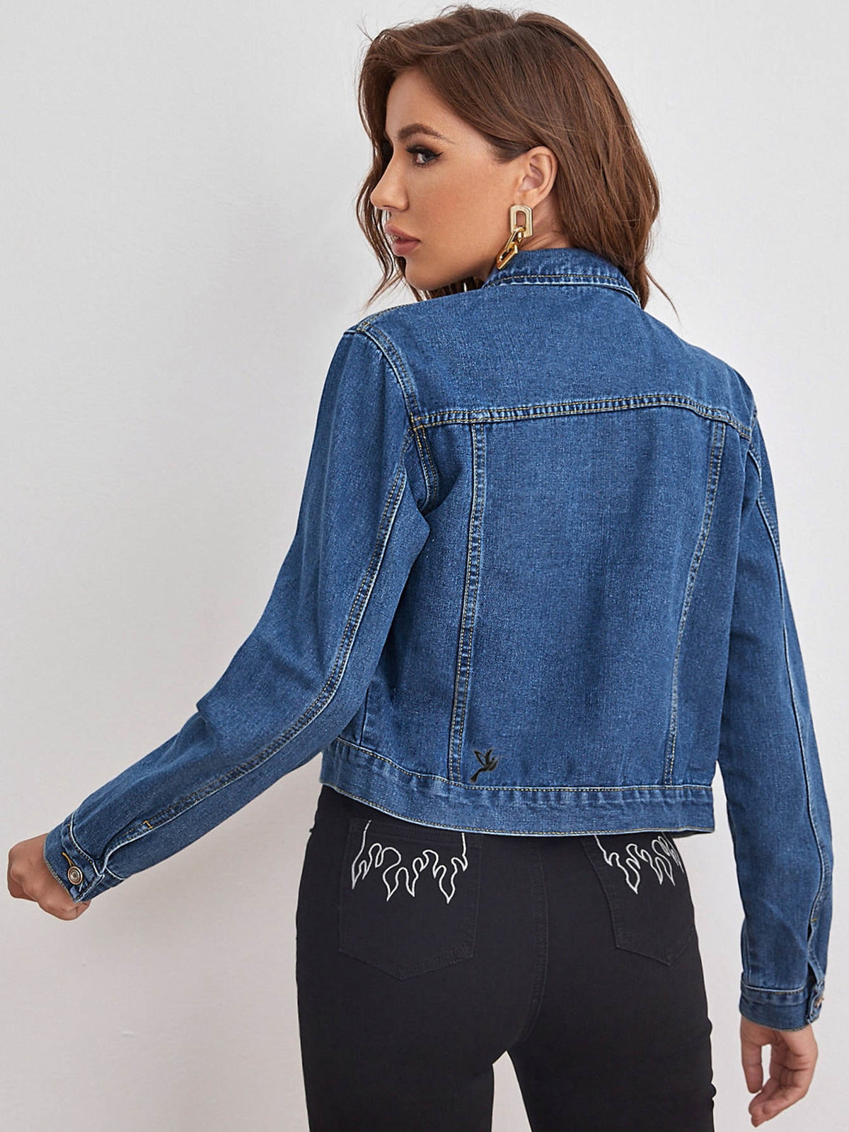Women's Fitted Denim Jacket - Washed Faded Blue Button-Front with Embroidered Logo
