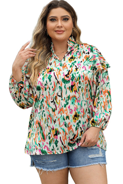 Multicolor Abstract Print Ruffled V Neck Plus Size Blouse