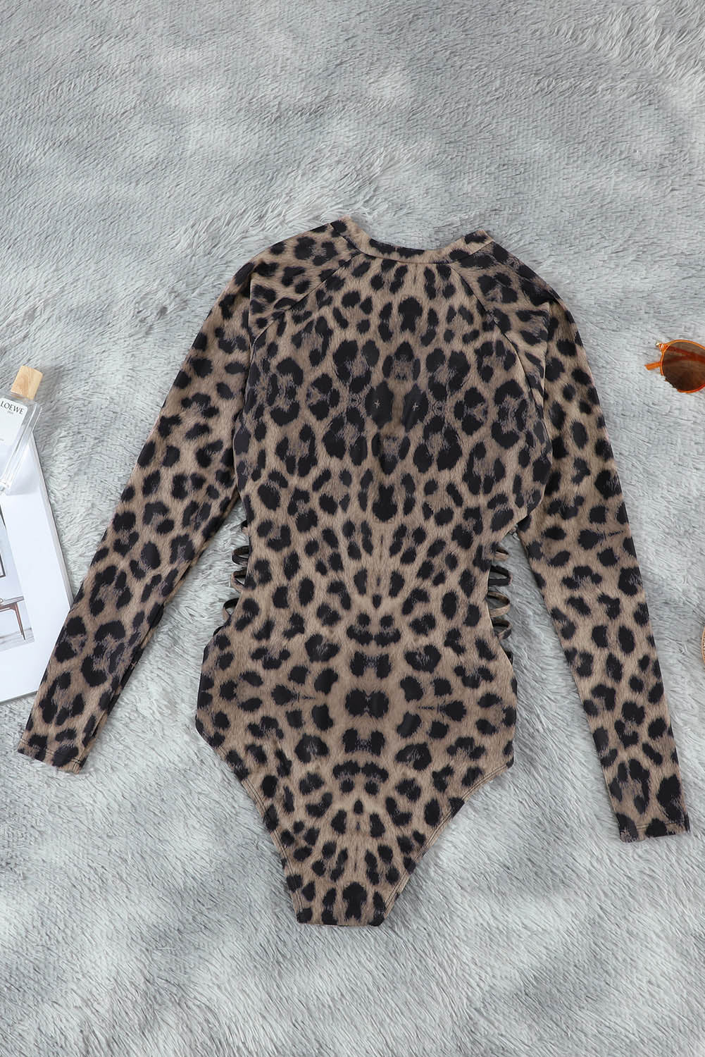 Leopard Print Zipper Cut-out Rash Guard Swimsuit