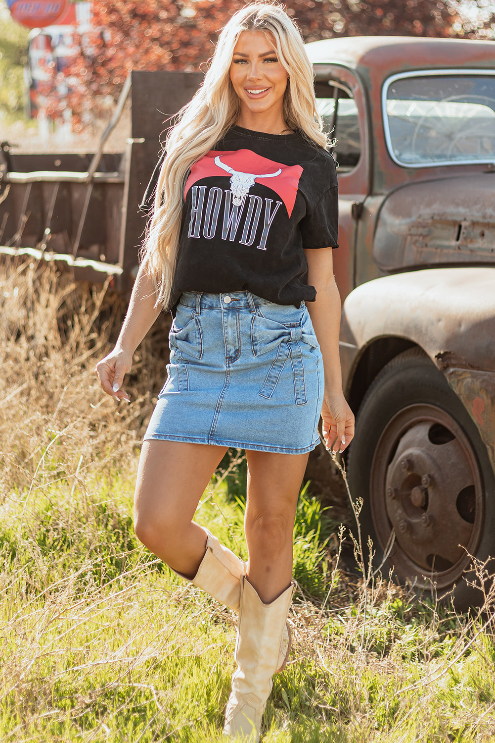 Cali Chic Women Dress Dusk Blue Acid Wash Bowknot Details High Waist Denim Skirt - Cali Chic