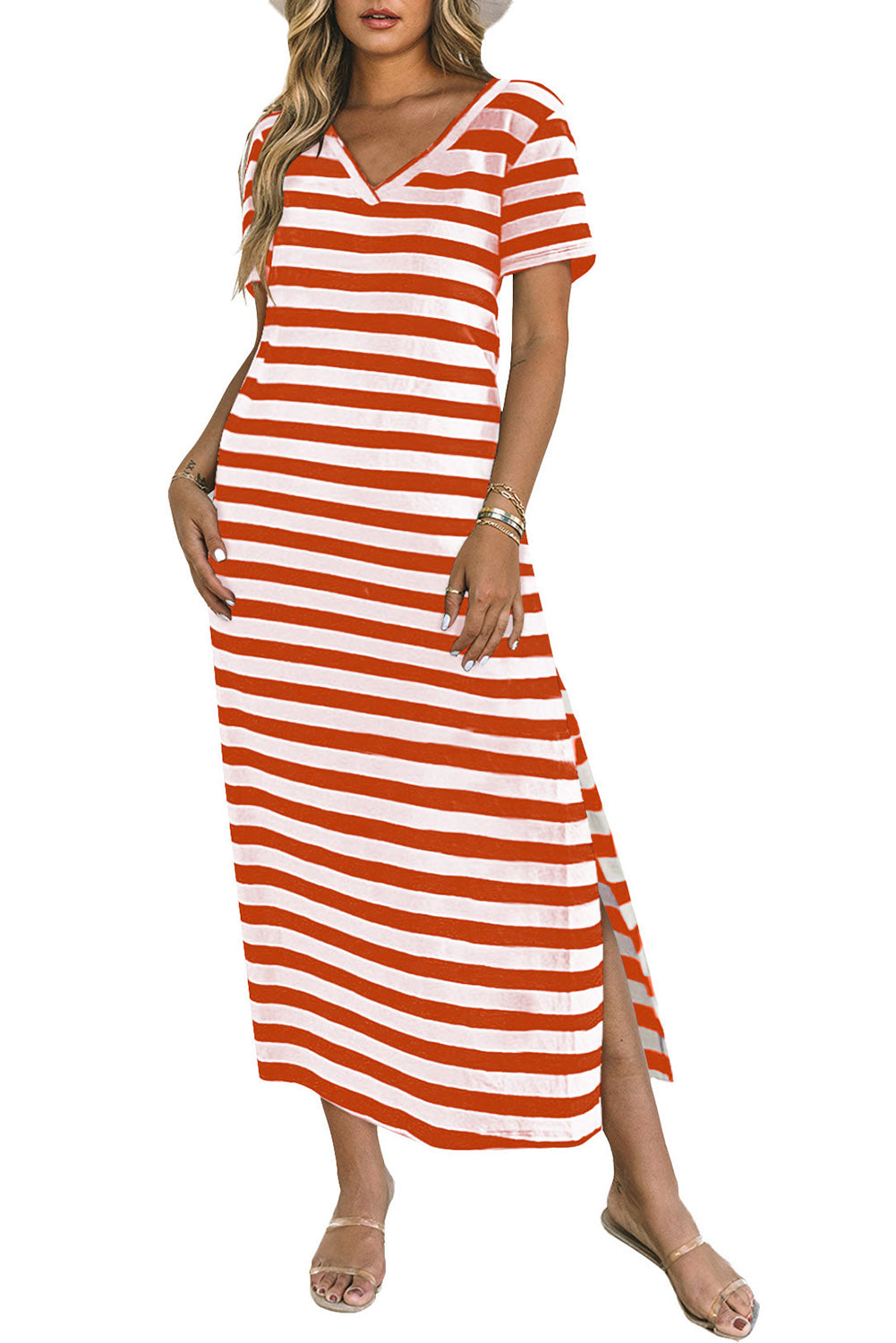 Cali Chic Women Dress Fiery Red Black Stripe Print V Neck Maxi Dress with Side Splits - Cali Chic