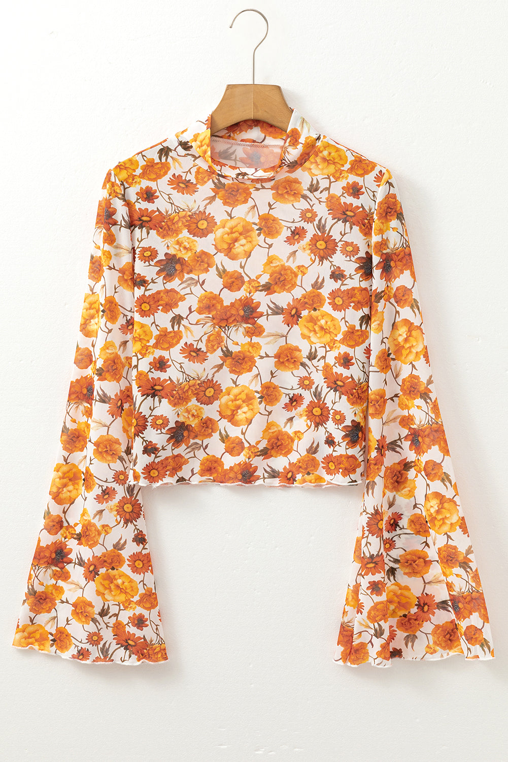 Cali Chic Women's Top Orange Floral Printed Bell Sleeve Mock Neck Scallop Trim Blouse