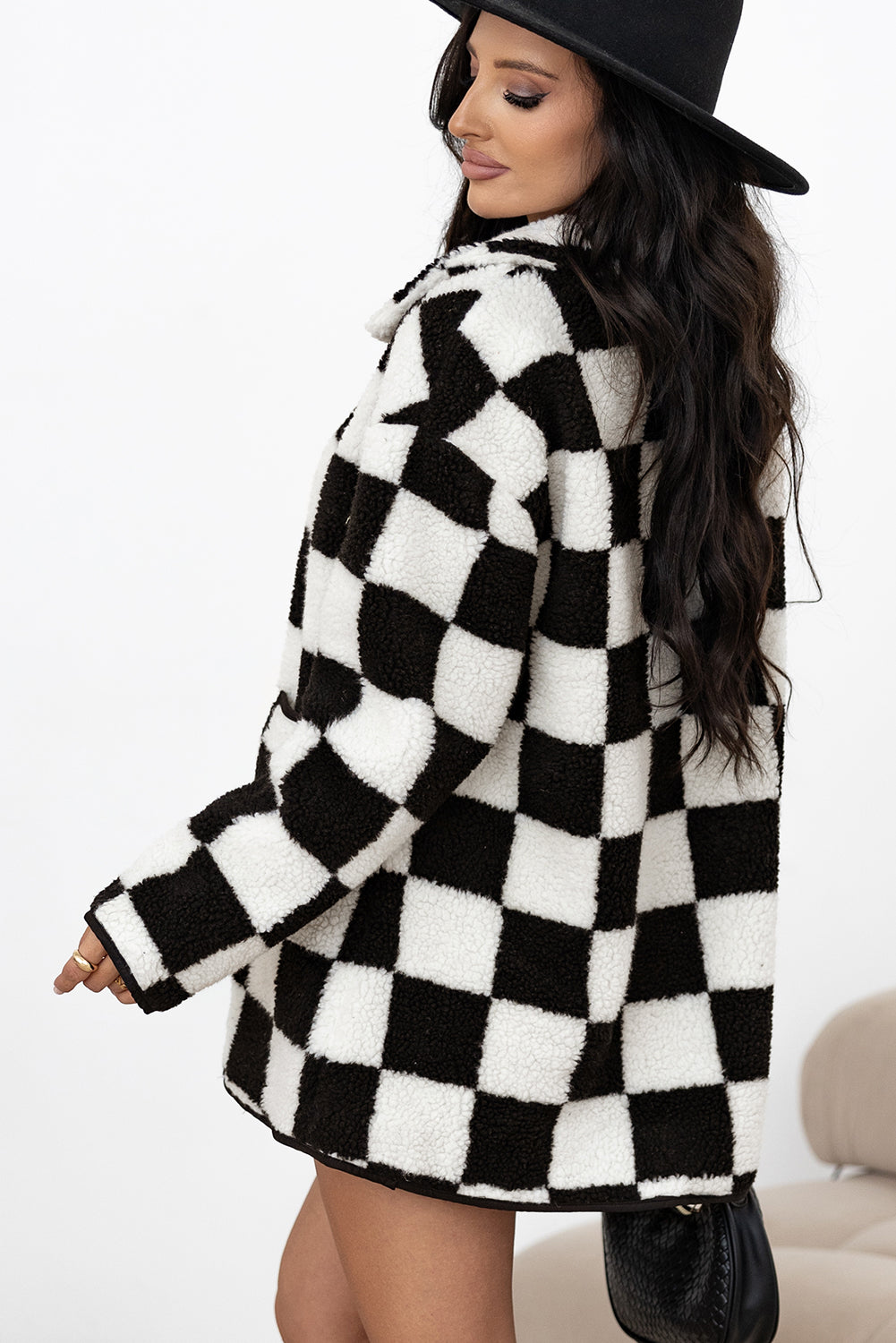 Cali Chic Women Jacket Black Checkered Side Pockets Collared Buttoned Fleece Coat