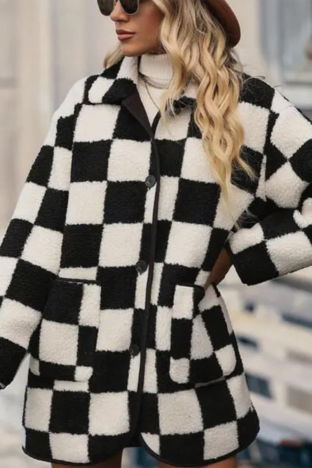 Cali Chic Women Black Checkered Side Pockets Collared Buttoned Fleece Jacket