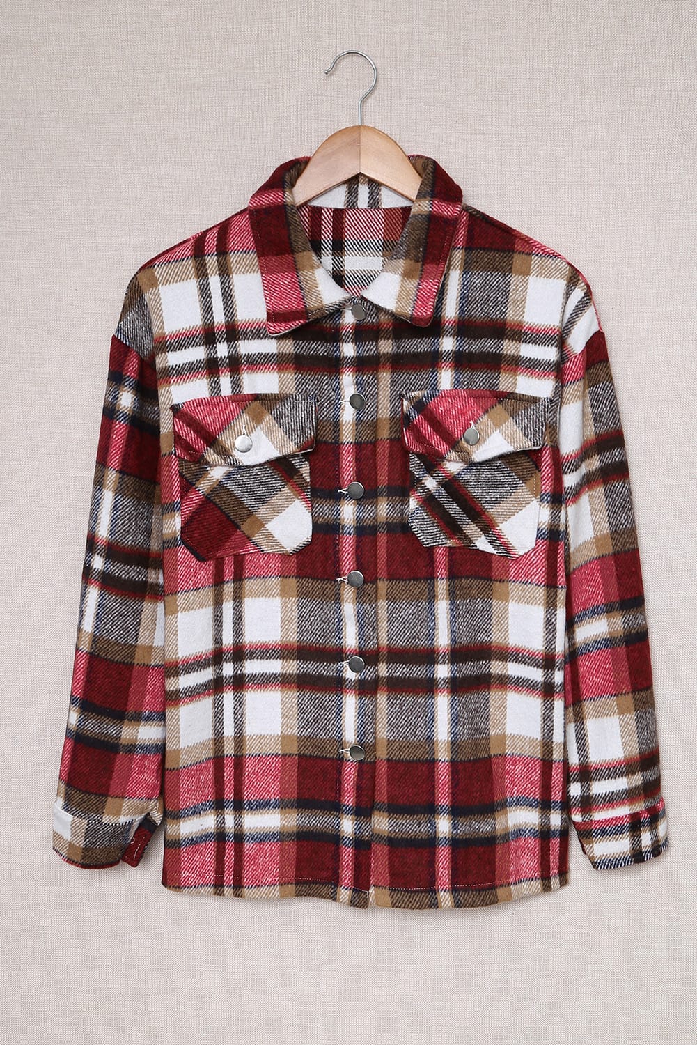 Cali Chic Women Jacket Fiery Red Geometric Plaid Print Pocketed Shacket - Cali Chic