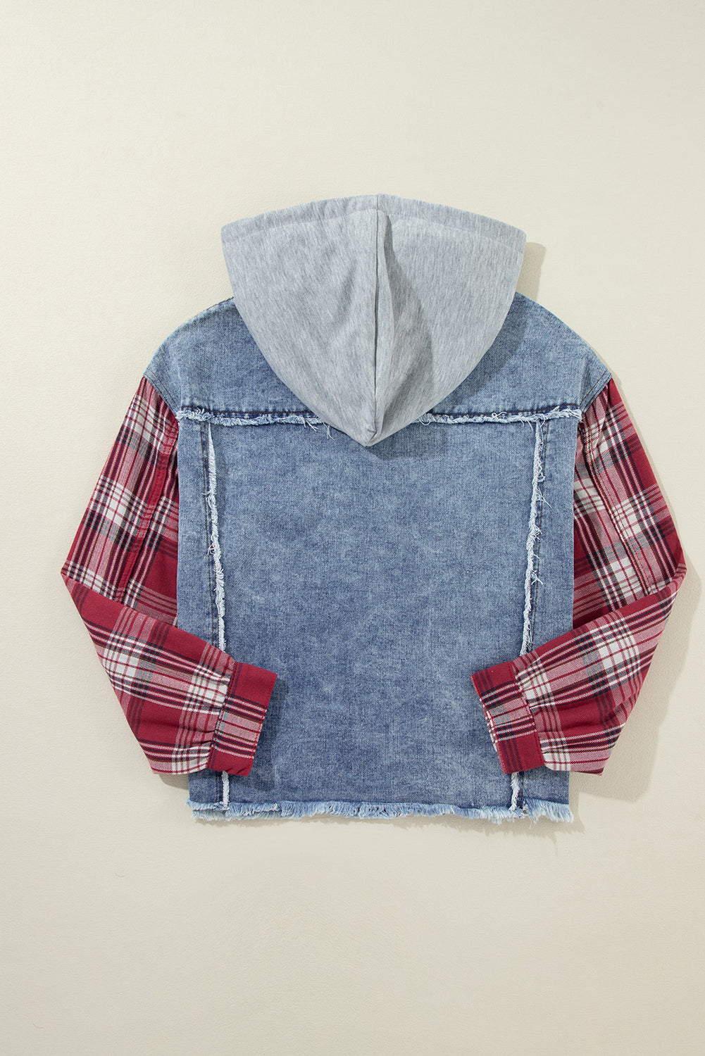 Cali Chic Women's Denim Jacket Beau Blue Plaid Print Patchwork Hooded Raw Hem Denim Coat