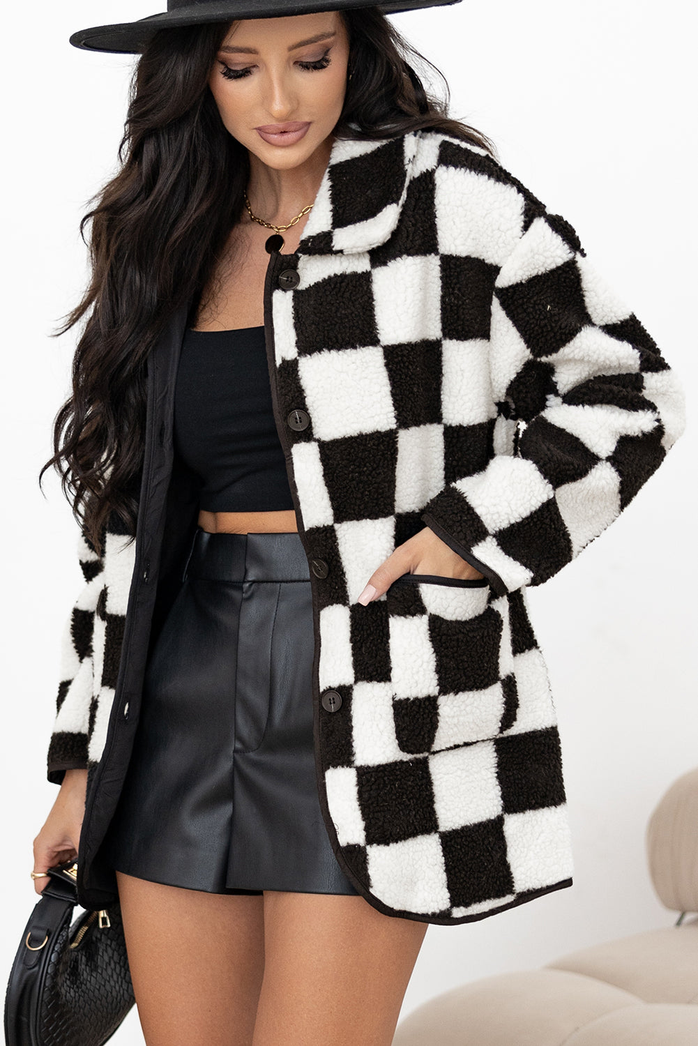 Cali Chic Women Jacket Black Checkered Side Pockets Collared Buttoned Fleece Coat