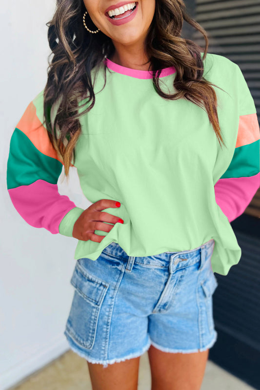 Cali Chic Women Sweatshirt Green Color block Patchwork Long Sleeve Loose Top