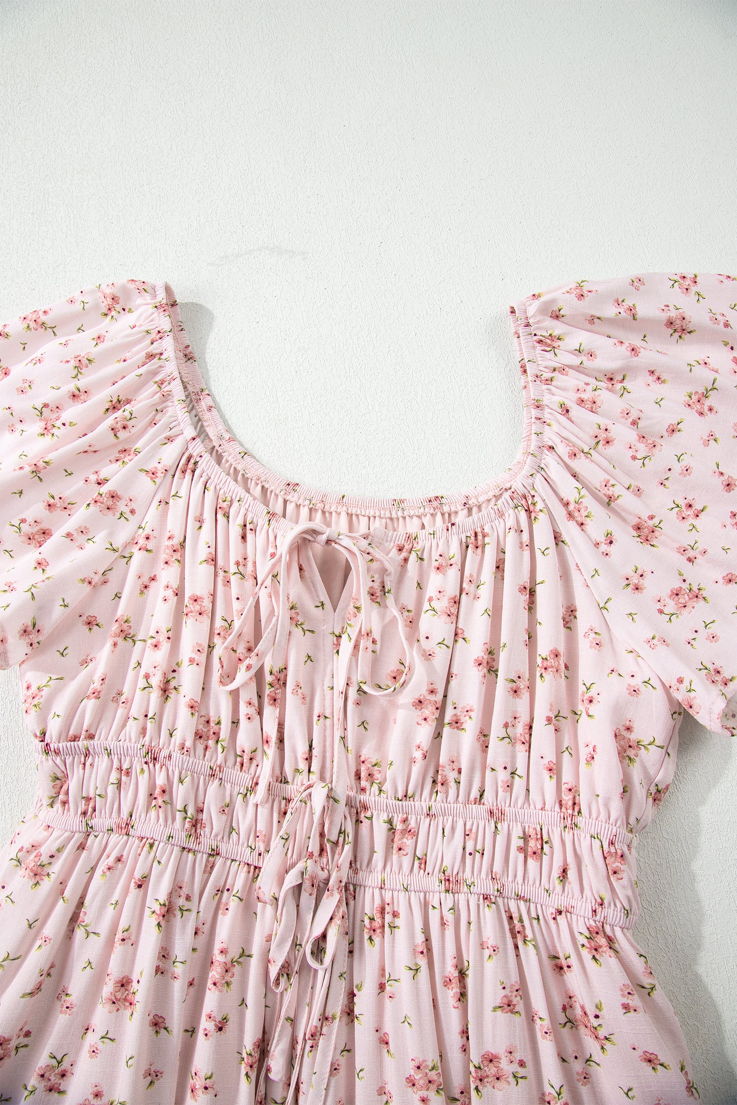 Cali Chic Women Dress Pink Front Tie Shirred Waist Short Sleeve Ruffled Floral Mini Dress - Cali Chic