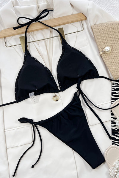 Cali Chic Women's Swimsuit Celebrity Black Pearl Décor Halter Triangle Bikini Set